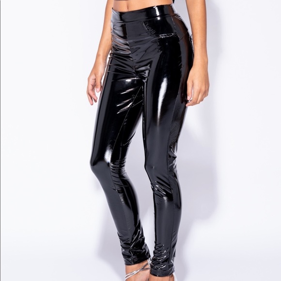 Sexy Black High Rise Wet Look PU Leggings LAST ONE - Picture 3 of 8